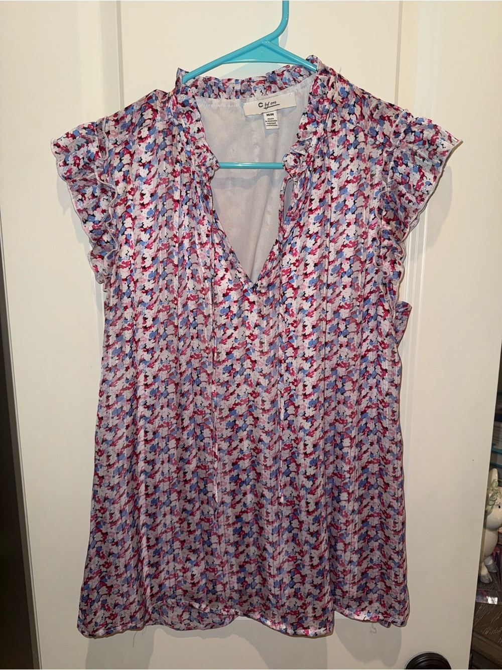 C. Wonder Pink & Blue Floral Ruffle V-Neck Blouse